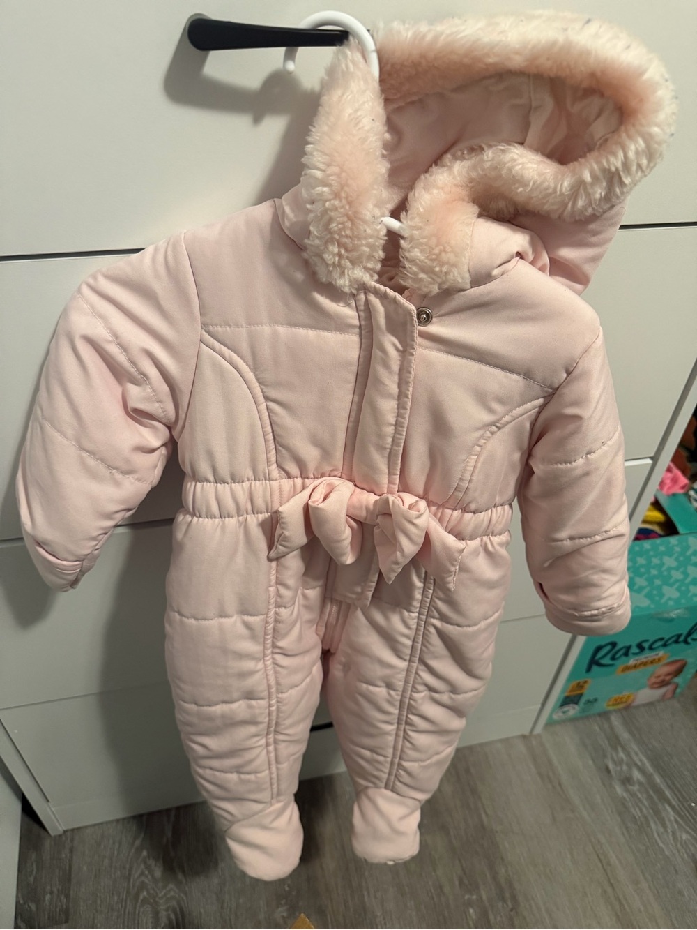 Vintage Baby Pink Faux-Fur Hooded Snowsuit